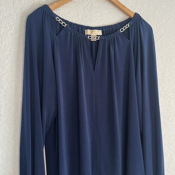 Michael Kors 1X Navy Blue Blouse Silver Chain Tunic Top Office Cocktail Party - Picture 2 of 8